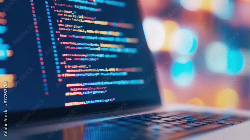 Closeup of a laptop screen displaying colorful coding script in a modern setting, emphasizing technology and programming Closeup of a laptop screen displaying colorful coding script in a modern setting, emphasizing technology and programming