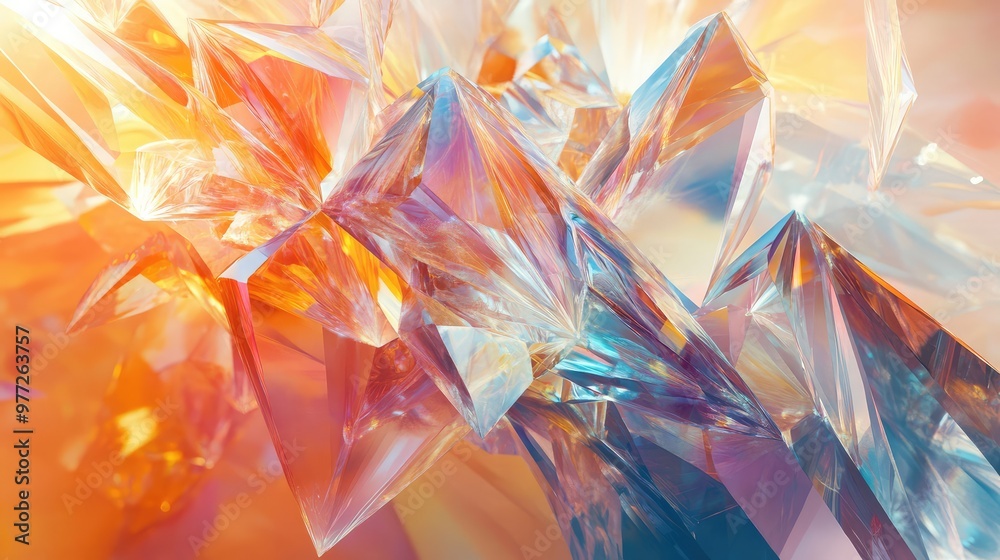 Floating crystalline shapes reflecting light in a dynamic, abstract composition. Floating crystalline shapes reflecting light in a dynamic, abstract composition.