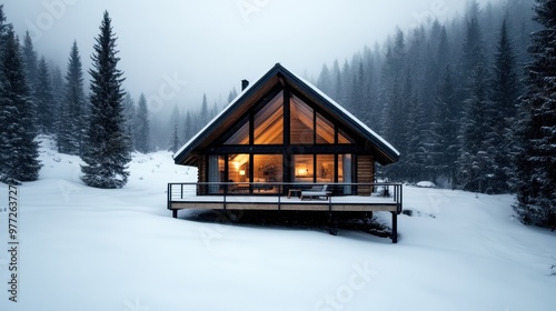 An image showing a contemporary cabin with warm interior lighting, positioned in a snowy woodland setting, creating a serene and inviting atmosphere for a cozy winter retreat.