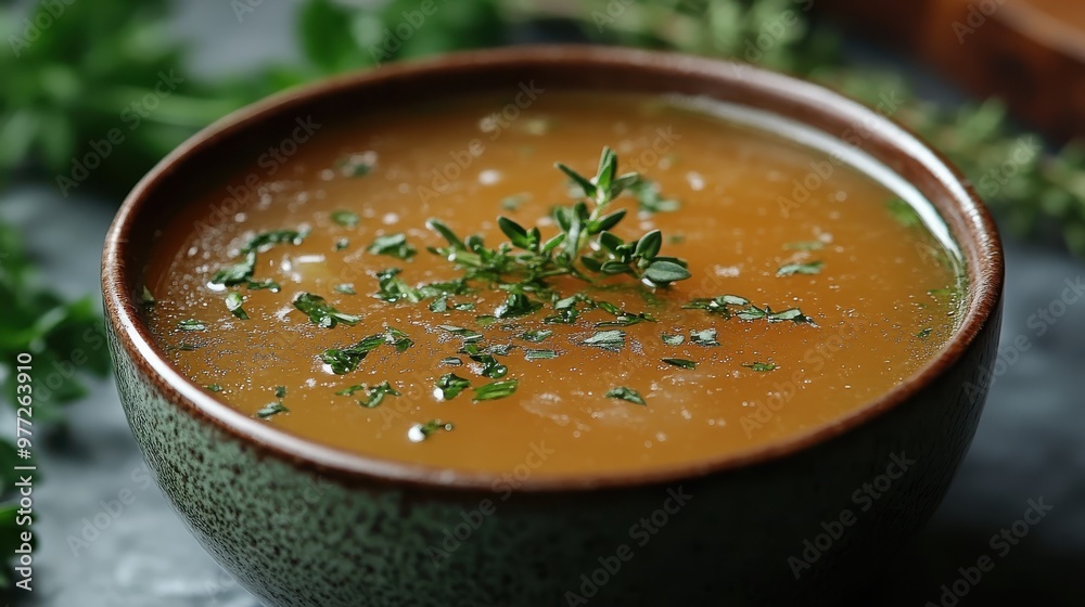 A hand holding a bowl of homemade bone broth, garnished with fresh herbs A hand holding a bowl of homemade bone broth, garnished with fresh herbs