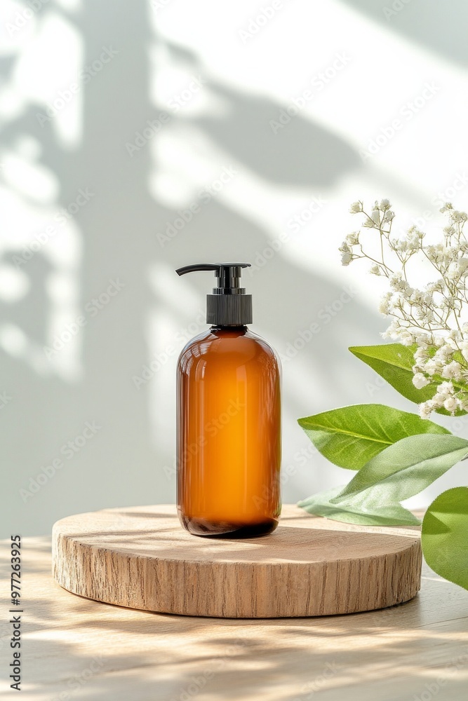 An amber glass bottle with a pump dispenser is displayed on a wooden surface, bathed in soft natural light An amber glass bottle with a pump dispenser is displayed on a wooden surface, bathed in soft natural light