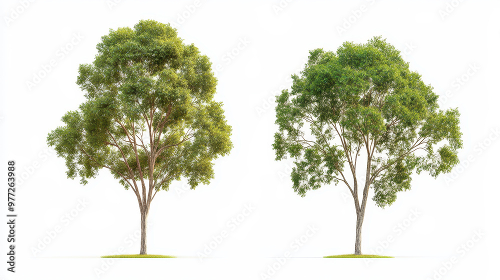 Frontal view of two Eucalyptus citriodora trees isolated on white background, showcasing green foliage in a natural setting. Frontal view of two Eucalyptus citriodora trees isolated on white background, showcasing green foliage in a natural setting.