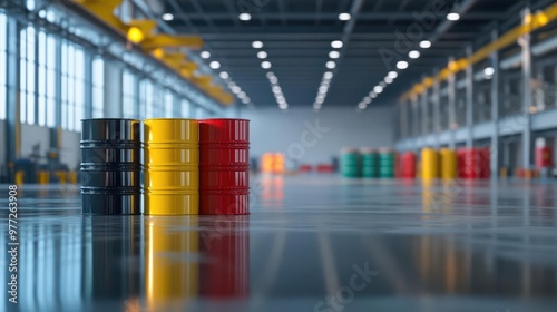 A highly detailed, ultra-realistic image of several brightly painted 55-gallon oil drums arranged in a neat row inside a modern industrial facility photo