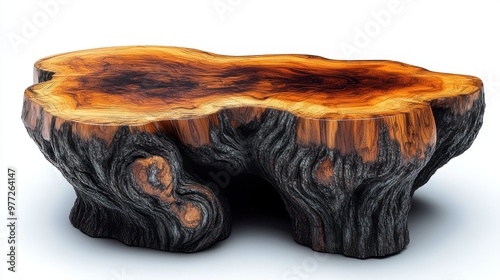 A handcrafted wooden coffee table with a live edge design, isolated on a white background