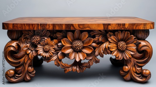 A handcrafted wooden coffee table with decorative carvings on a white background