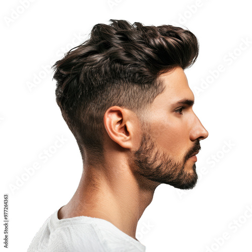 Handsome young man with trendy hair and a short beard is posing in profile on a white background