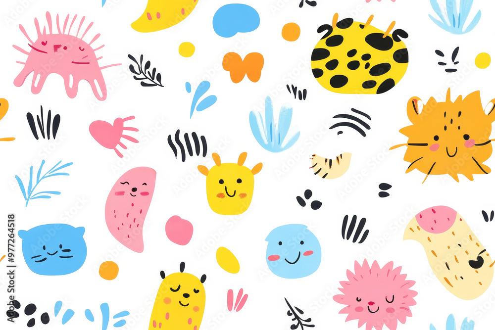 Seamless playful and bright pattern featuring cartoon animals and fun shapes Seamless playful and bright pattern featuring cartoon animals and fun shapes