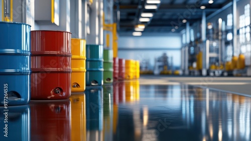 A highly detailed, ultra-realistic image of several brightly painted 55-gallon oil drums arranged in a neat row inside a modern industrial facility