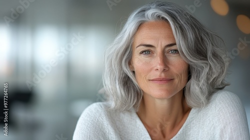 A woman with striking gray hair, dressed in a light sweater, gazes calmly with a serene expression, set in an unfocused, minimalist indoor environment.