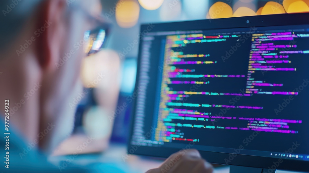Software developer working on a modish version update on a computer screen with code, showcasing advanced technology and modern innovation in programming.