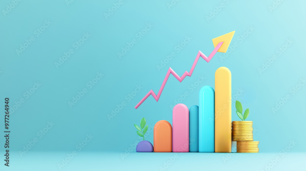 Colorful financial graph with upward trend and stack of coins symbolizing growth and investment opportunities on a bright blue background Colorful financial graph with upward trend and stack of coins symbolizing growth and investment opportunities on a bright blue background