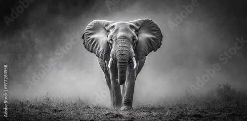 Black and white image of an elephant standing in an empty grassland with dust swirling around, featuring high contrast and soft lighting.
 photo