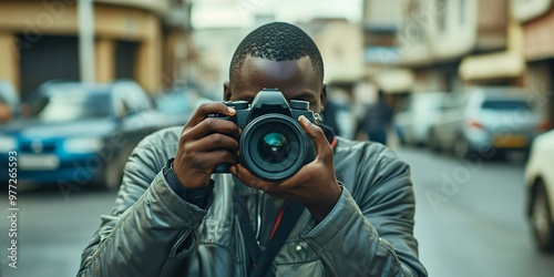 A man with a professional camera captures the city's vibrant energy, focusing on the streets, buildings, and cars passing by.