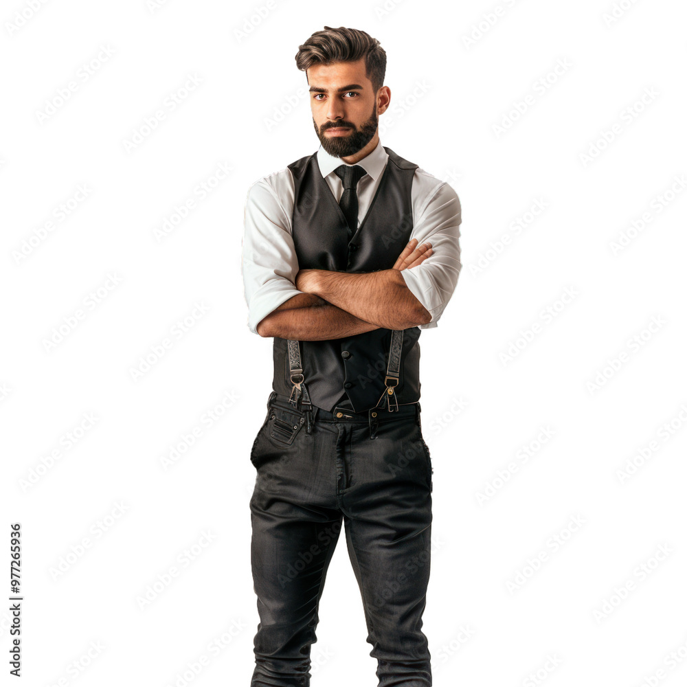 Fototapeta premium Young businessman with a beard is standing with his arms folded, wearing a black vest and suspenders