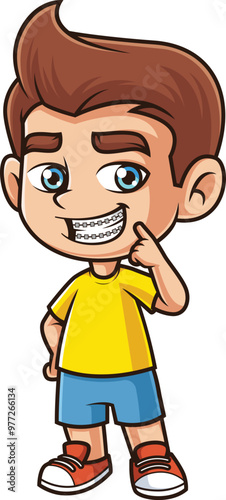 Cartoon caucasian boy wearing braces vector illustration