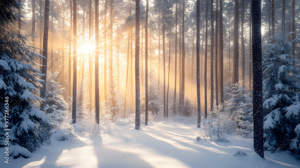 Fototapeta premium serene forest blanketed in fresh, untouched snow, with rays of sunlight filtering