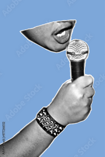 close up of hand holding microphone with open mouth singing pixelate grayscale color halftone dotted texture style collage element isolated on blue background