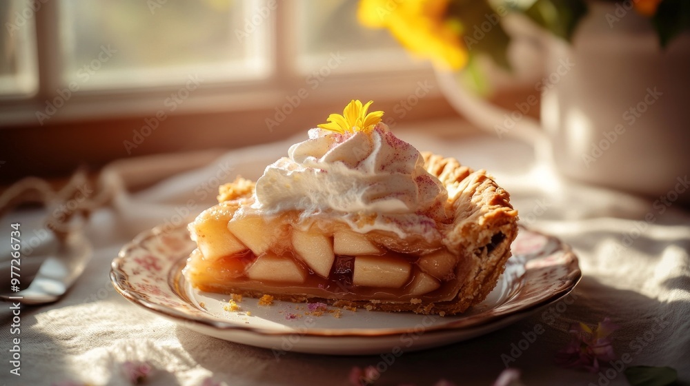Delicious spiced apple pie slice topped with whipped cream and marigold petals in a cozy kitchen during Thanksgiving Delicious spiced apple pie slice topped with whipped cream and marigold petals in a cozy kitchen during Thanksgiving