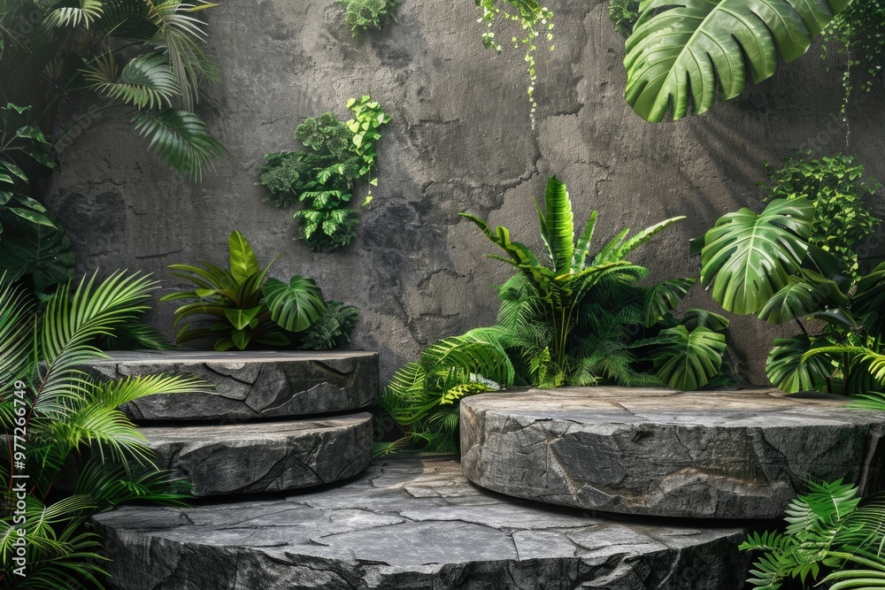 A cluster of large rocks in a garden setting A cluster of large rocks in a garden setting