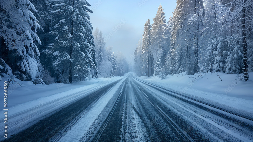 Winter highway cutting through a dense snow-covered forest, with tall trees lining both sides of the road, soft light in the early morning sky, and tire tracks visible on the asphalt Winter highway cutting through a dense snow-covered forest, with tall trees lining both sides of the road, soft light in the early morning sky, and tire tracks visible on the asphalt