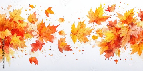 Watercolor Maple Leaves in Autumn Breeze on White Background
