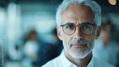 A serious gray-haired man in glasses looks confidently with a blurred background, symbolizing a sense of authority and professionalism in modern portraiture.