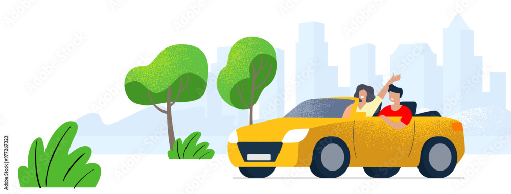 Man and woman driving in car in summer against backdrop of urban landscape. Vector flat Man and woman driving in car in summer against backdrop of urban landscape. Vector flat