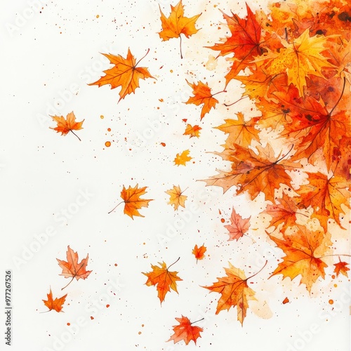 Watercolor Maple Leaves in Autumn Breeze on White Background
