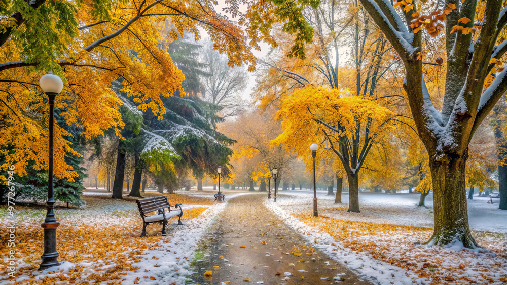Naklejka premium Snow-Dusted Autumn Park Path with Benches and Bright Foliage.