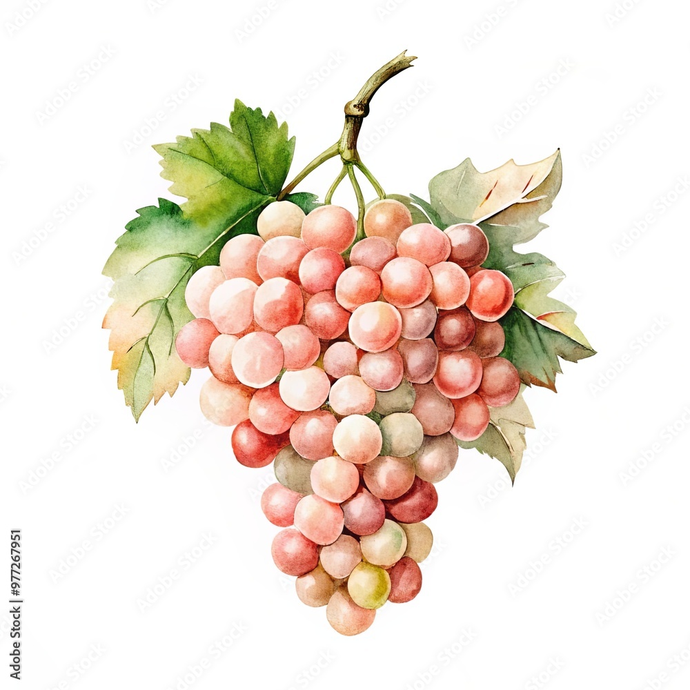 Obraz premium A watercolor illustration of a bunch of pink grapes with green leaves on a white background, ideal for food, wine, or nature-themed designs...