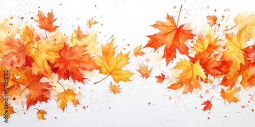 Watercolor Maple Leaves in Autumn Breeze on White Background