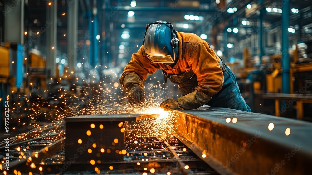 Industrial Worker Welding Metal Beam with Sparks Flying Industrial Worker Welding Metal Beam with Sparks Flying