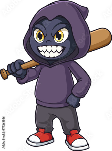 Cartoon evil humanoid holding wooden bat vector illustration