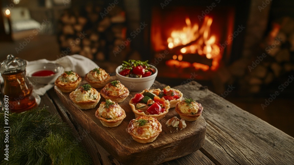 A warm Thanksgiving gathering featuring mini quiches and roasted vegetables on a rustic table by a glowing fireplace