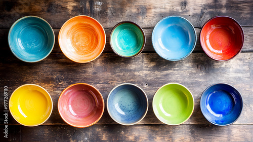 set of ceramic plates and bowls, each in different bright colors, laid out on a rustic wooden photo