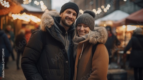 American Couple Enjoying Winter Holidays and Honeymoon Photo. Fictional Characters Created By Generative AI.