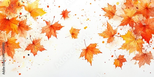 Watercolor Maple Leaves in Autumn Breeze on White Background