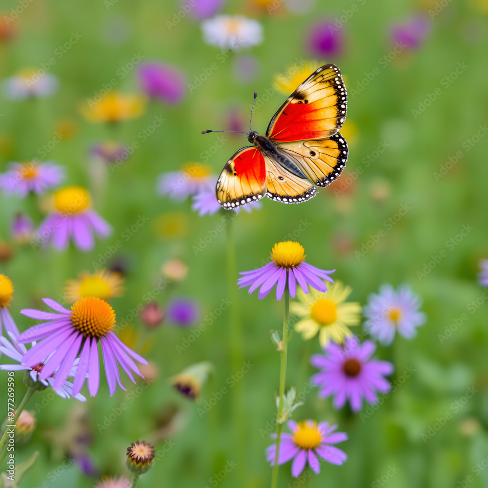 Colorful butterfly perched on vibrant wildflowers in a sunny meadow Colorful butterfly perched on vibrant wildflowers in a sunny meadow