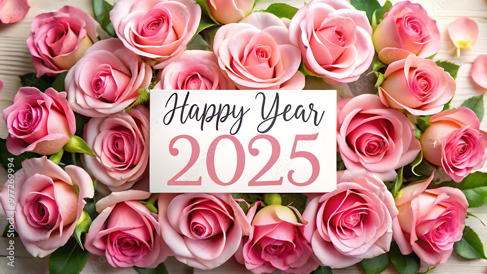 happy new year 2025 card and banner with pink flower. happy new year 2025 card and banner with pink flower.