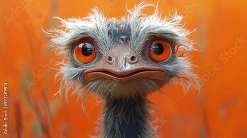 Curious emu bird staring on orange background photo