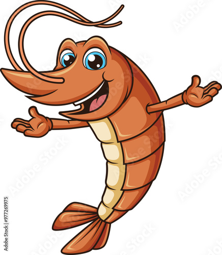 Cartoon cheerful shrimp character vector illustration
