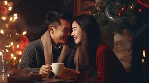 Young Asian Couple Celebrating Christmas with Coffee at Home Photo. Fictional Characters Created By Generative AI.