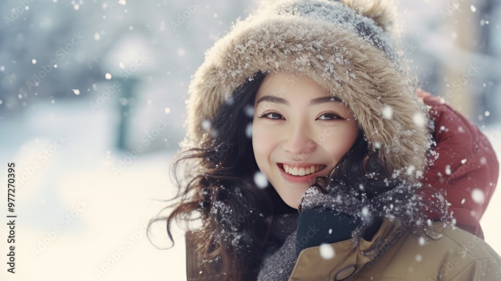 Happy Winter Holidays Photo with Cheerful Asian Woman Enjoying Snowfall. Fictional Characters Created By Generative AI. Happy Winter Holidays Photo with Cheerful Asian Woman Enjoying Snowfall. Fictional Characters Created By Generative AI.