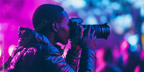A photographer with a black camera captures the neon lights of a city at night