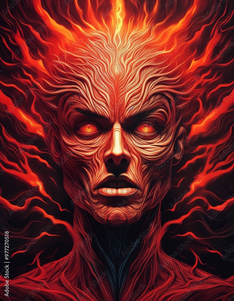 Fiery Red Human Figure with Intense Facial Expression Surrounded by Dark Jagged Lines – Representing Anger and Chaos Fiery Red Human Figure with Intense Facial Expression Surrounded by Dark Jagged Lines – Representing Anger and Chaos