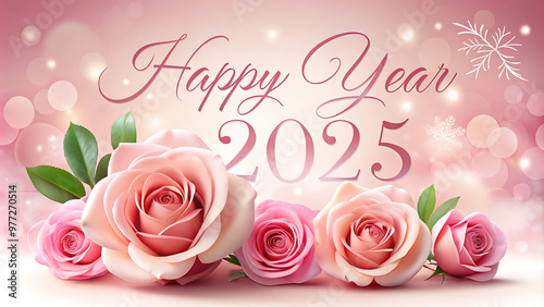 happy new year 2025 card and banner with pink flower.