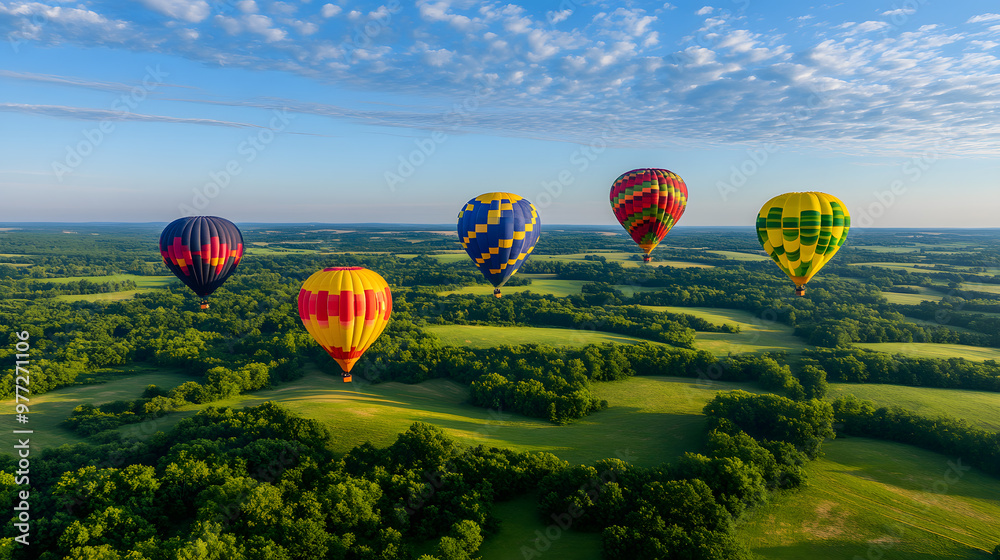 Naklejka premium Hot Air Balloon Floating in the Sky | Scenic Adventure and Aerial View Experience