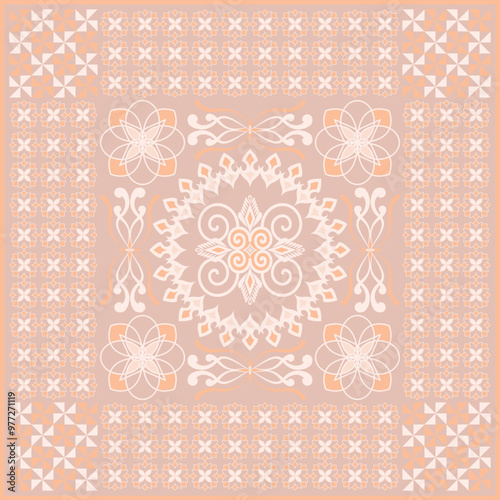 Hijab scarf flower abstract pattern.Ethnic geometric ornament with frame motif border hijab pattern.Design for fabric,print,scarves,shawl,kerchief,bandana,clothing,pareo,pillows,tablecloth,decoration.