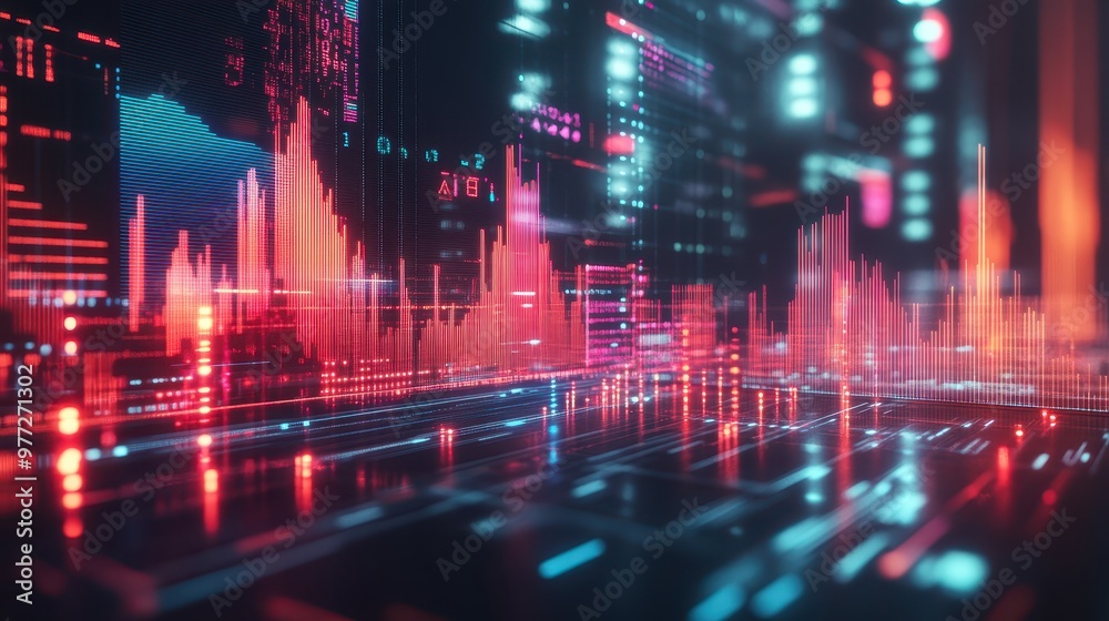 Close-up of financial growth analysis, glowing returns and profit indicators, sharp red and blue lines, soft focus, modern high-tech environment, digital art. Close-up of financial growth analysis, glowing returns and profit indicators, sharp red and blue lines, soft focus, modern high-tech environment, digital art.