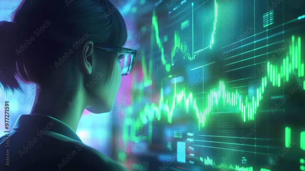 Close-up of employee reviewing financial growth and compensation trends, glowing holographic charts, sharp green and blue lines, sleek office background, 3D render. Close-up of employee reviewing financial growth and compensation trends, glowing holographic charts, sharp green and blue lines, sleek office background, 3D render.
